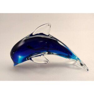 Blue Dolphin Glass Paperweight Desk Display Ocean Animal Decor 7" Long